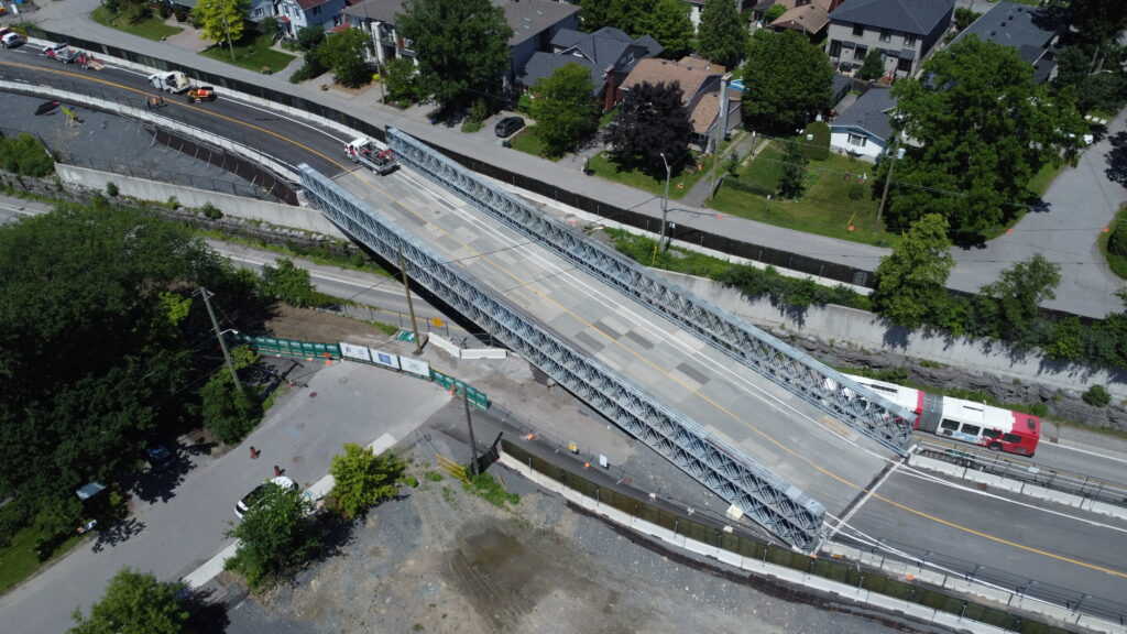 Overhead view of temporary Bailey Bridge completed